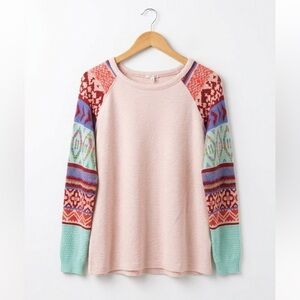 Easel Soft Blush Pink Scoop Neck Knit Lightweight Sweater Crochet Detail Boho